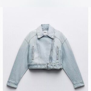 ZARA light Blue Cropped Denim Moto Biker Jacket L